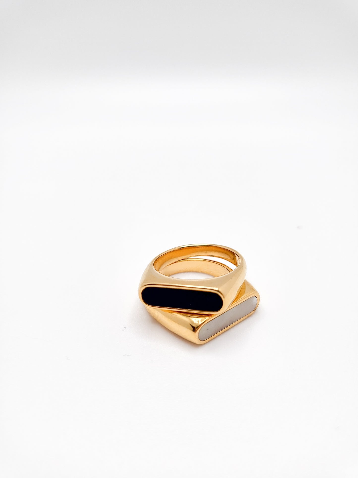 Rectangle gold plated rings with white and black stone