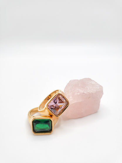 Gold plated rings with big zircon pink and green