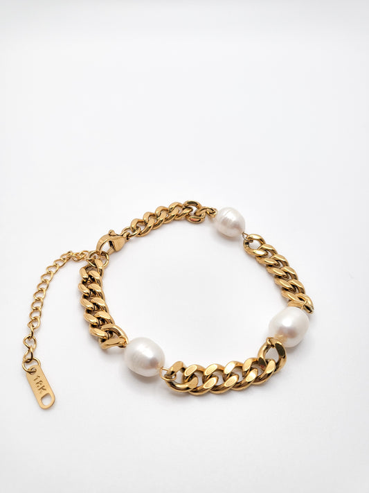 Chunky cuban gold plated chain with freshwater pearl