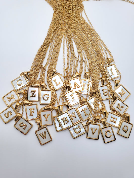 Gold plated necklaces with white square initial letter pendant