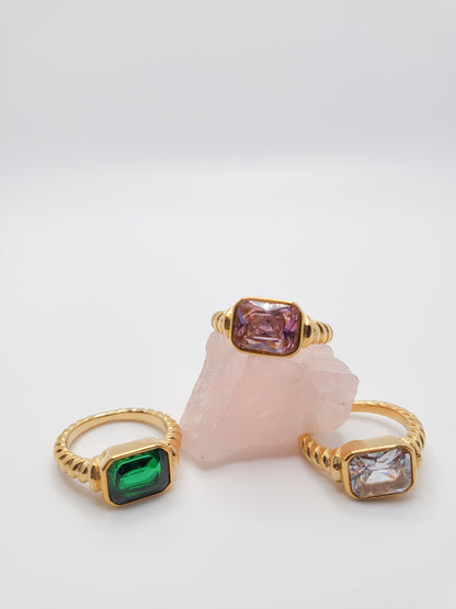 Gold plated chunky gemstone rings in color green, pink and white